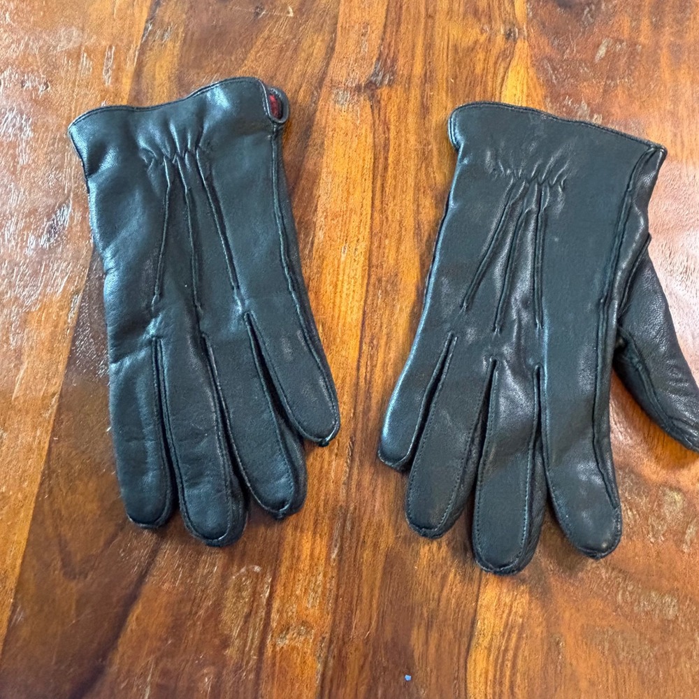 Stewart of Scotland Black Leather Gloves Small Buffalo Plaid Lining Winter Mens